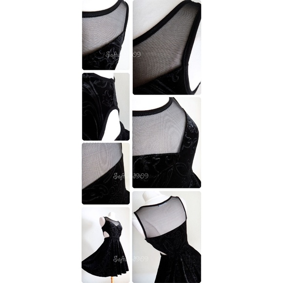 Black Velvet Mesh Inset Cutout Skater Party Dress - Picture 4 of 8
